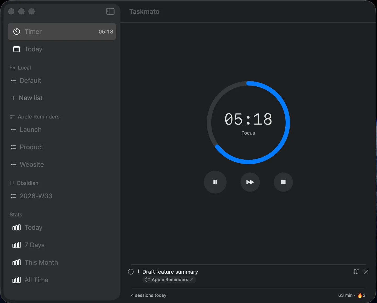 Taskmato timer running beside Local, Reminders, Obsidian, and Stats navigation