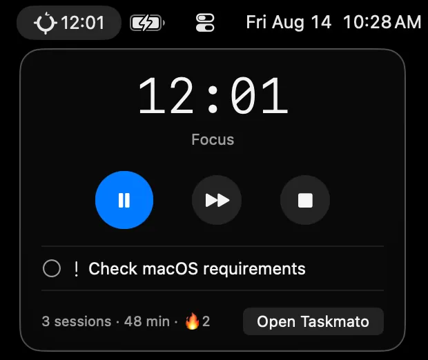 Taskmato menu bar timer with pause, skip, and stop controls beside the active task