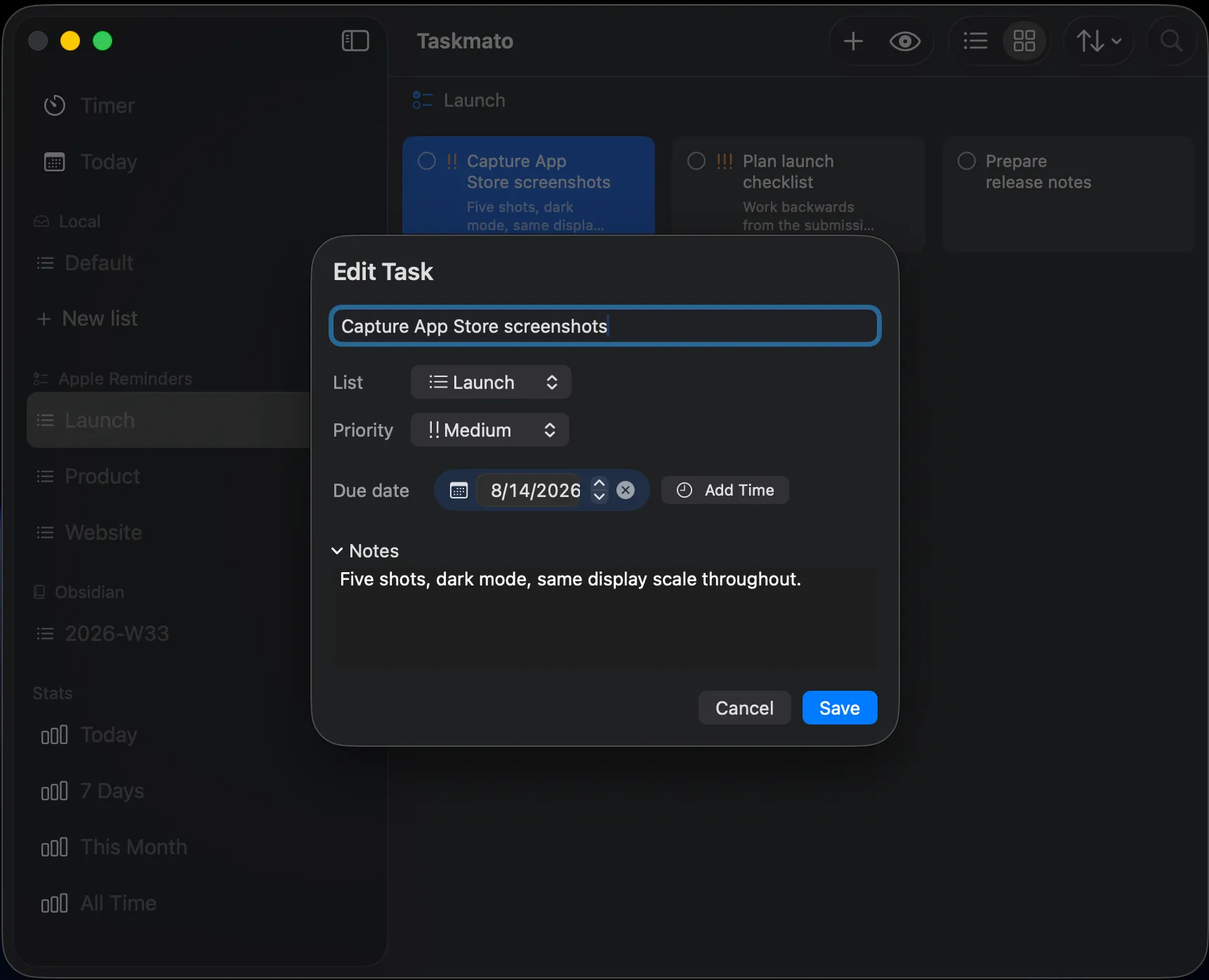 Editing a task in Taskmato, over its list and provider sidebar