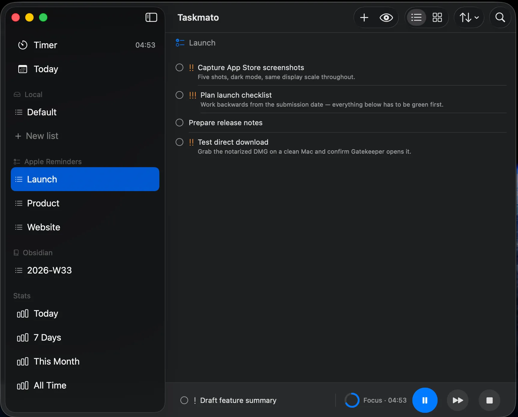 Taskmato task view with Local, Apple Reminders, and Obsidian sources